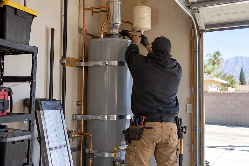 Strapped water heater replacement in a Bloomington ranch home