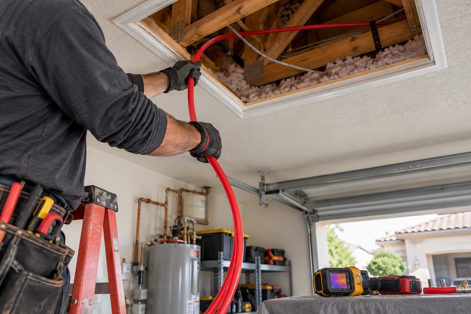 Hot-side slab leak reroute through a Cooley Ranch attic