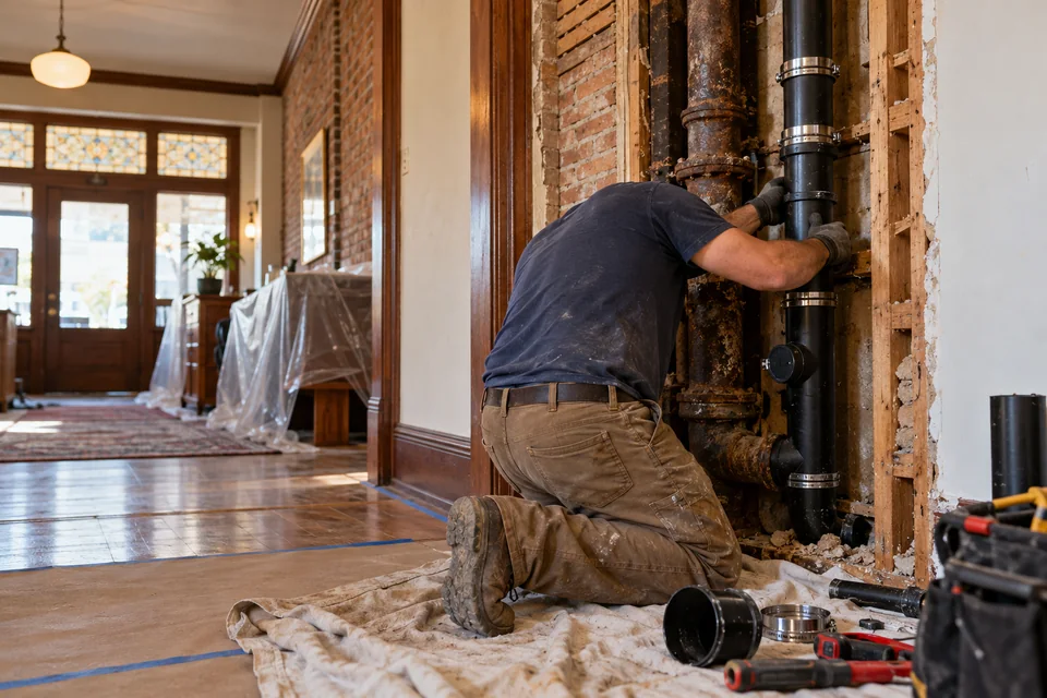 Plumber replacing a corroded cast iron drain stack in a historic Downtown Colton property