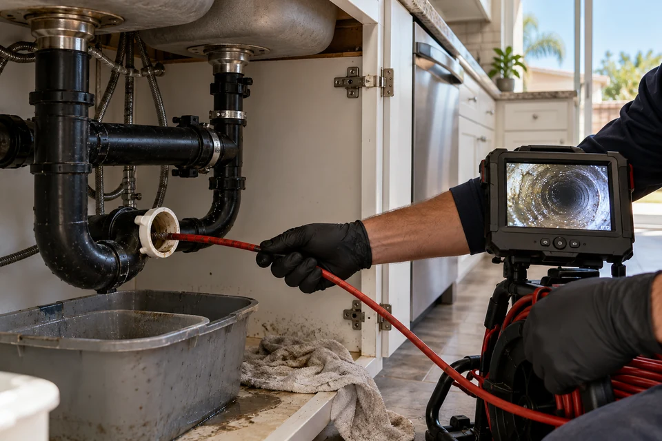 Kitchen drain camera inspection and grease clog cleaning in Fontana