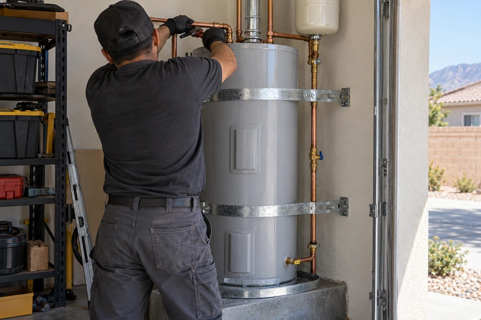 Water heater replacement with seismic straps in Highland
