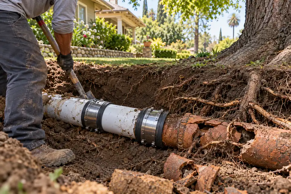 Clay sewer lateral repair beneath mature trees in Redlands