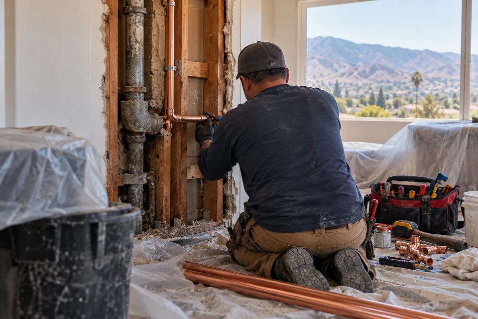 Plumber replacing galvanized pipe with copper in an older San Bernardino home