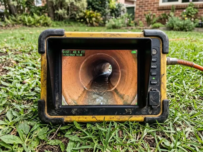 Underground sewer camera monitor showing fully cleared smooth clay pipe after hydro-jetting