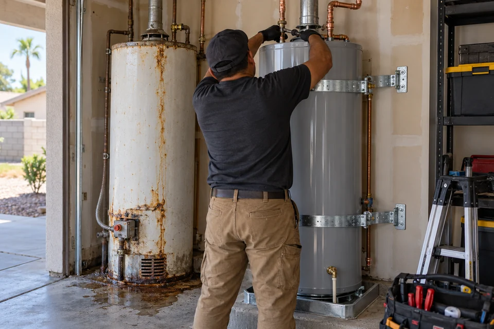 Strapped water heater replacement in West Colton
